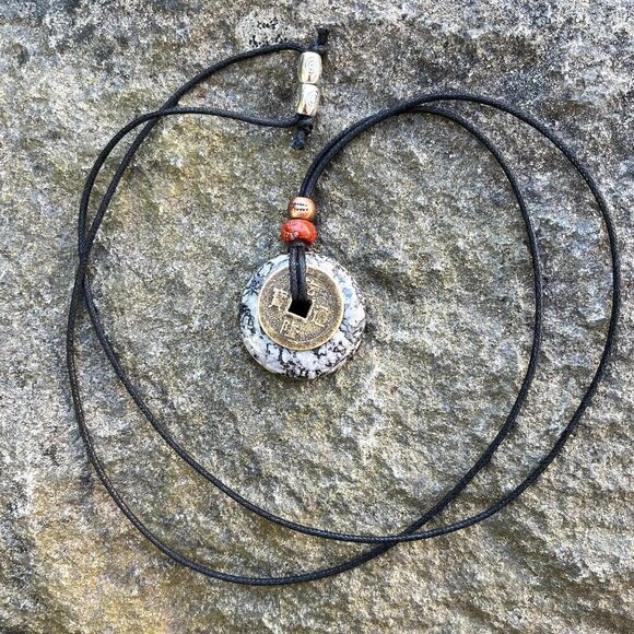 Crazy Lace Agate Gemstone Pendant with Lucky Coin Handmade - Picture 4 of 5